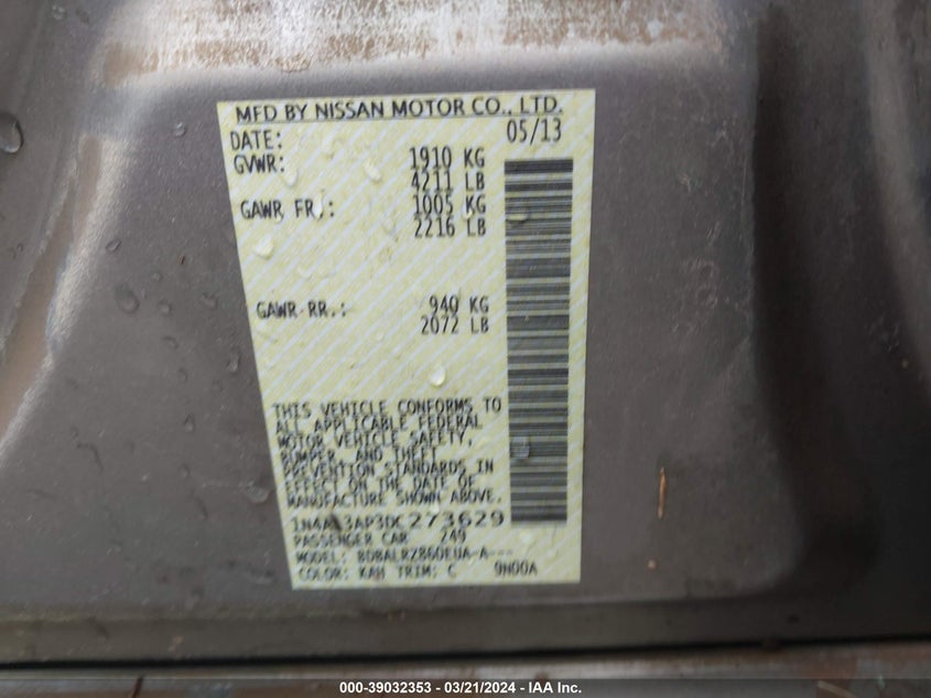 2013 NISSAN ALTIMA VIN: 1N4AL3AP3DC273629