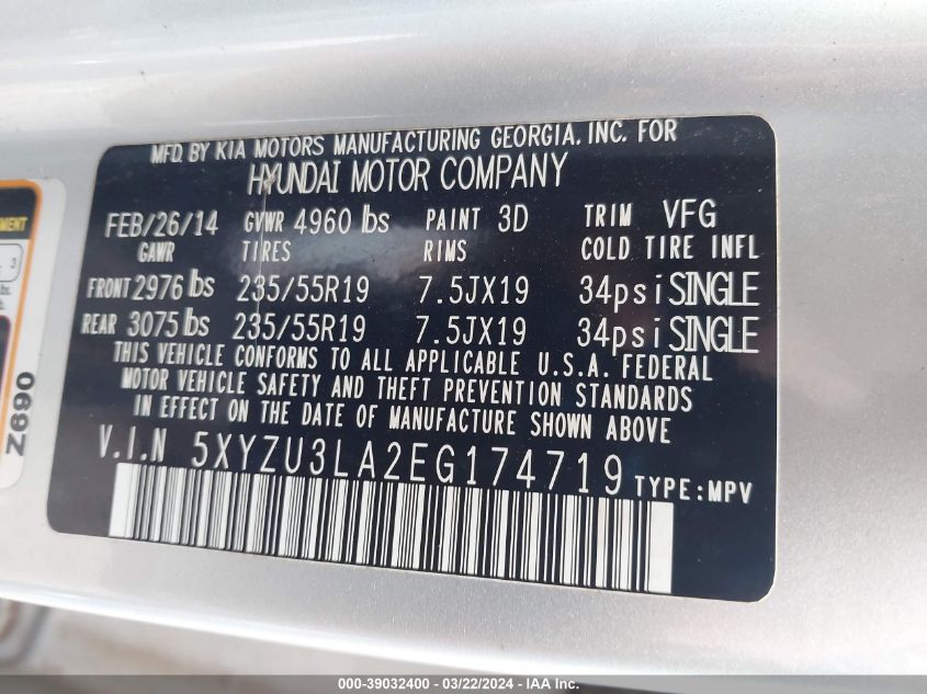 2014 Hyundai Santa Fe Sport 2.0L Turbo VIN: 5XYZU3LA2EG174719 Lot: 39032400