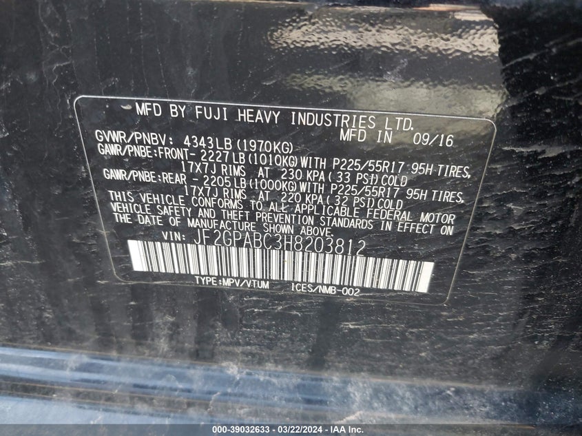 VIN JF2GPABC3H8203812 2017 SUBARU CROSSTREK PREMIUM