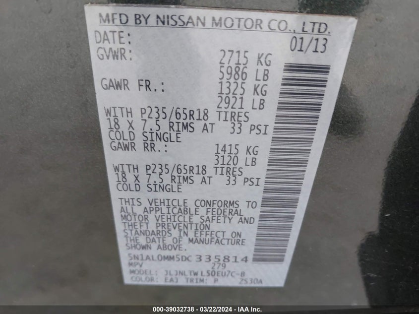 2013 INFINITI JX35 - 5N1AL0MM5DC335814