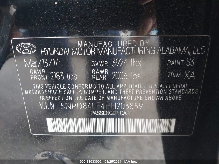 VIN 5NPD84LF4HH203859 2017 HYUNDAI ELANTRA VALUE EDITION