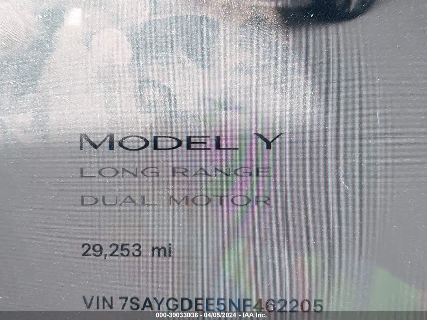 2022 Tesla Model Y Long Range Dual Motor All-Wheel Drive VIN: 7SAYGDEE5NF462205 Lot: 39033036