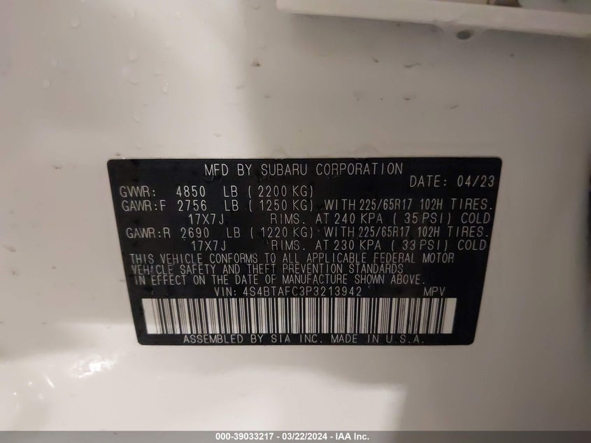 VIN 4S4BTAFC3P3213942 2023 SUBARU OUTBACK PREMIUM