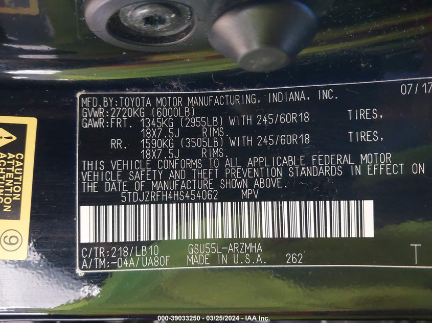 VIN 5TDJZRFH4HS454062 2017 TOYOTA HIGHLANDER SE/XLE
