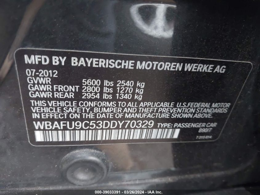 2013 BMW 550I xDrive VIN: WBAFU9C53DDY70329 Lot: 39033391
