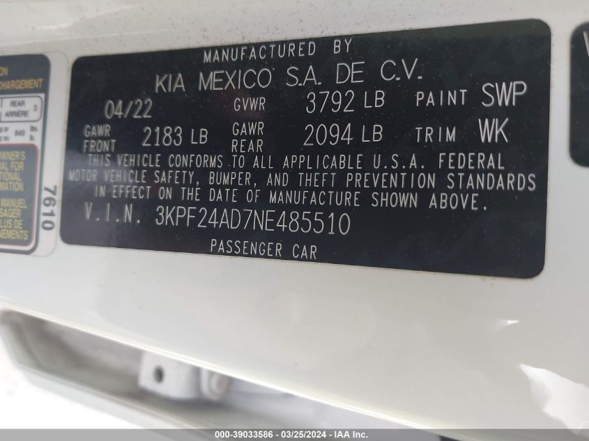 3KPF24AD7NE485510 | 2022 KIA FORTE