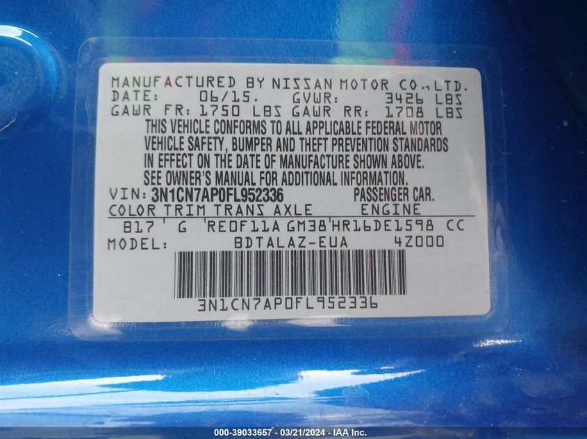 2015 NISSAN VERSA 1.6 S+ - 3N1CN7AP0FL952336