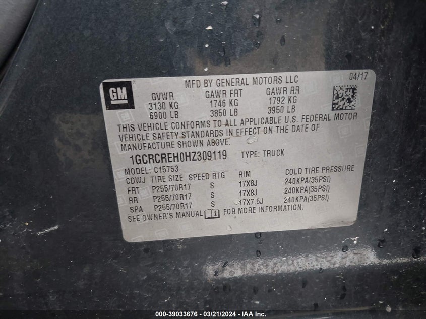 VIN 1GCRCREH0HZ309119 2017 CHEVROLET SILVERADO 1500 1LT