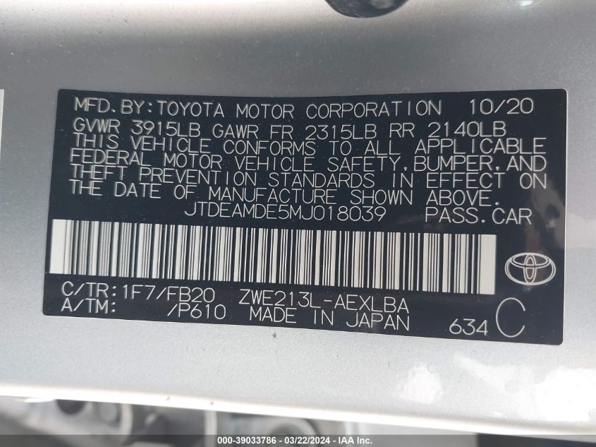 2021 Toyota Corolla Hybrid Le VIN: JTDEAMDE5MJ018039 Lot: 39033786