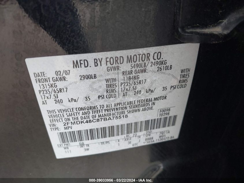 2FMDK48C87BA75518 2007 Ford Edge Sel