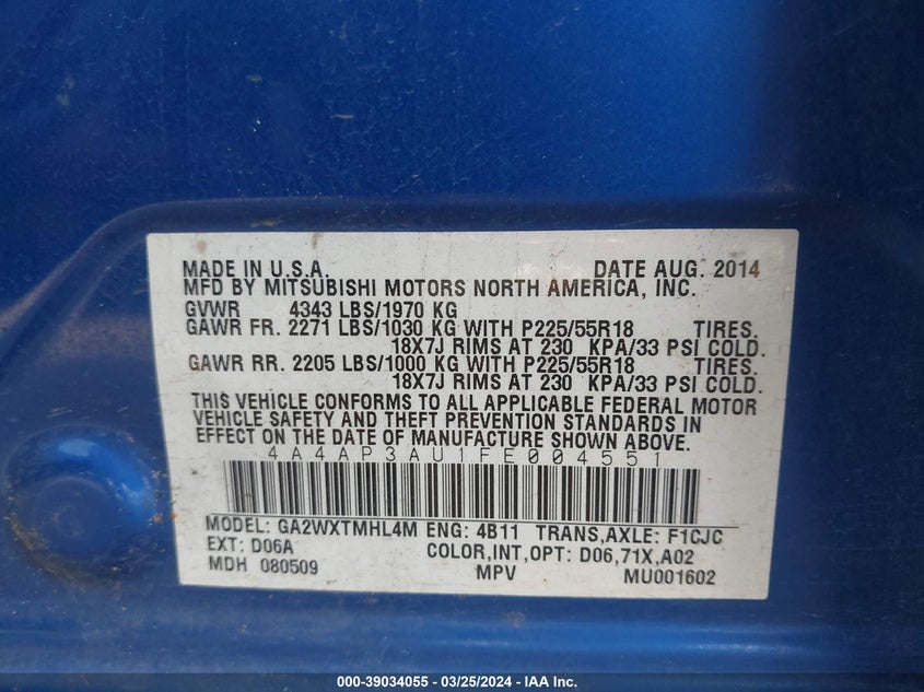 2015 MITSUBISHI OUTLANDER SPORT ES - 4A4AP3AU1FE004551