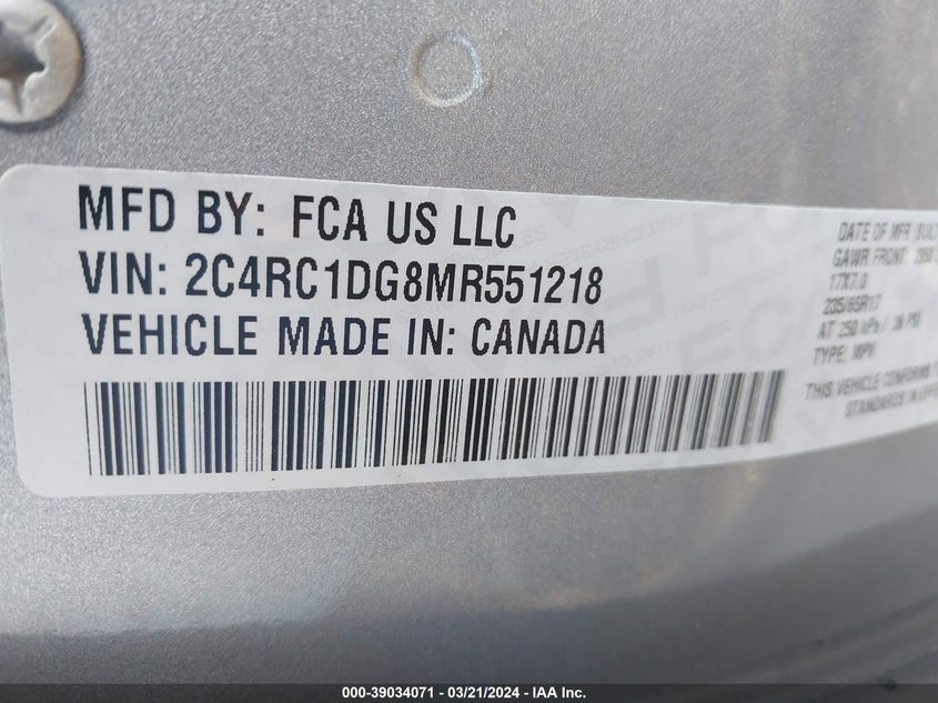 VIN 2C4RC1DG8MR551218 2021 CHRYSLER VOYAGER LXI