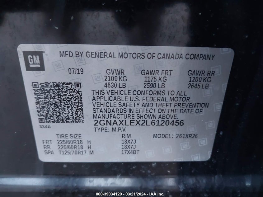 VIN 2GNAXLEX2L6120456 2020 CHEVROLET EQUINOX FWD LT 2.0L TURBO