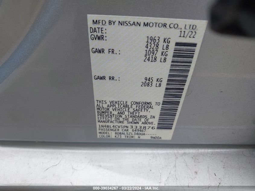 1N4BL4CV5PN333876 | 2023 NISSAN ALTIMA