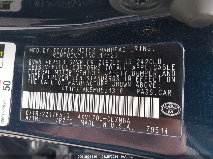 2021 TOYOTA CAMRY LE HYBRID - 4T1C31AK5MU551318