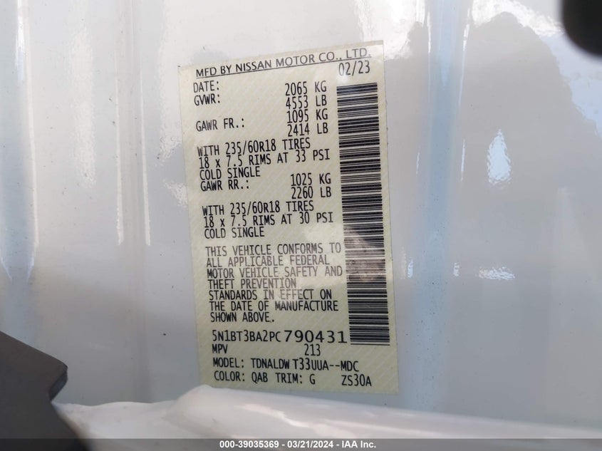 VIN 5N1BT3BA2PC790431 2023 NISSAN ROGUE SV FWD