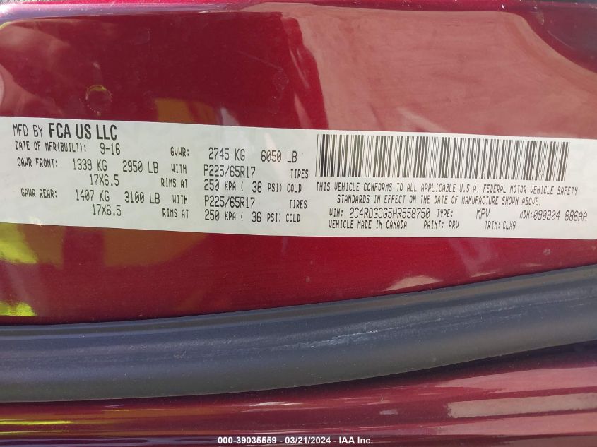 2C4RDGCG5HR558750 2017 Dodge Grand Caravan Sxt