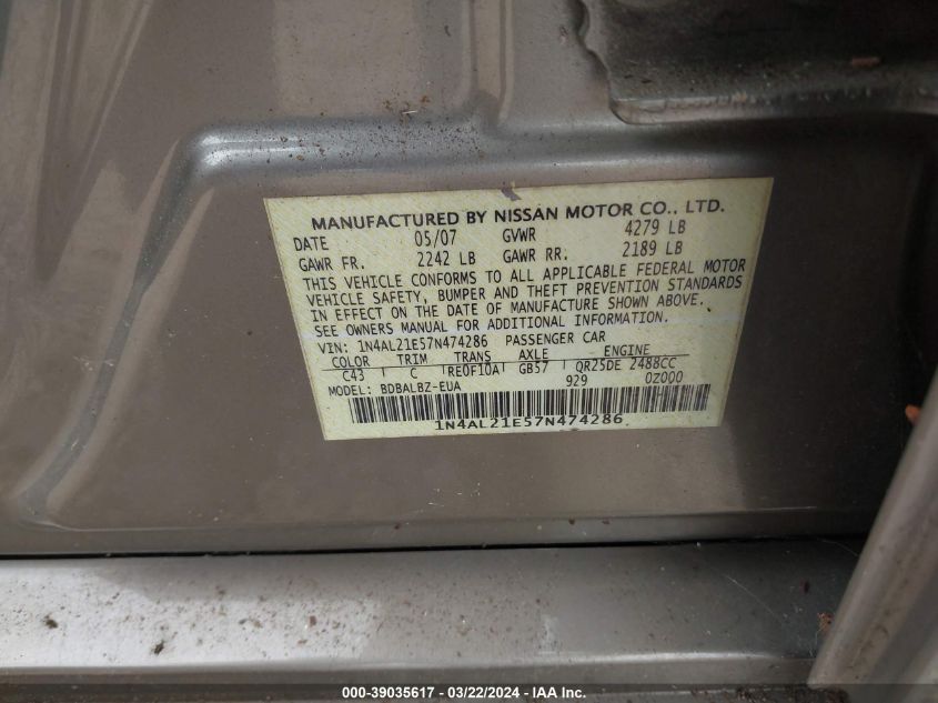 1N4AL21E57N474286 | 2007 NISSAN ALTIMA