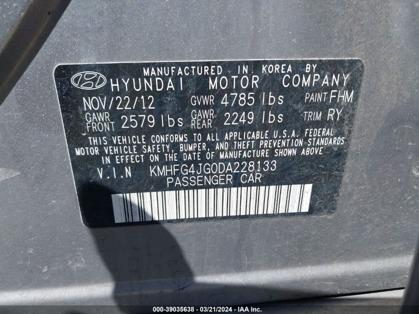 KMHFG4JG0DA228133 2013 Hyundai Azera