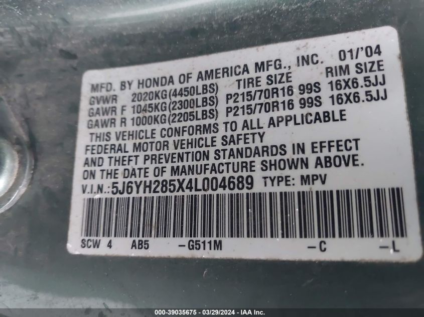 2004 Honda Element Ex VIN: 5J6YH285X4L004689 Lot: 39035675