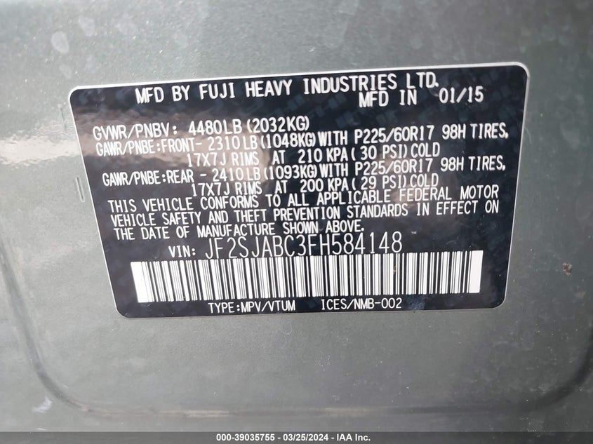 2015 SUBARU FORESTER 2.5I - JF2SJABC3FH584148