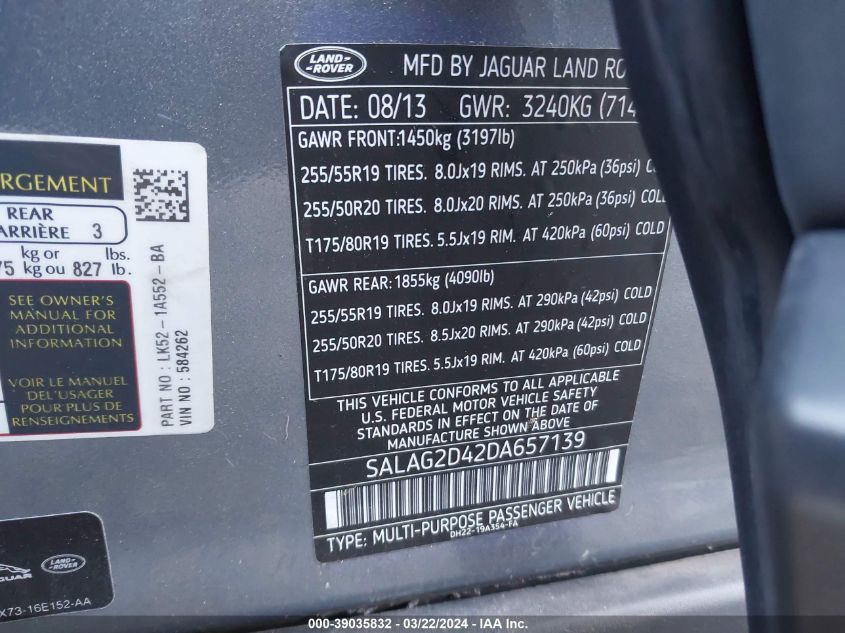 2013 Land Rover Lr4 VIN: SALAG2D42DA657139 Lot: 39035832