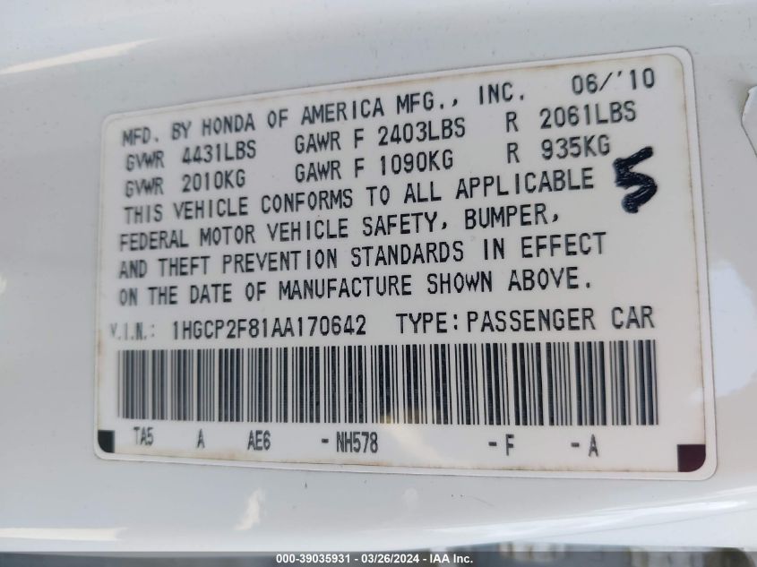 1HGCP2F81AA170642 2010 Honda Accord 2.4 Ex-L