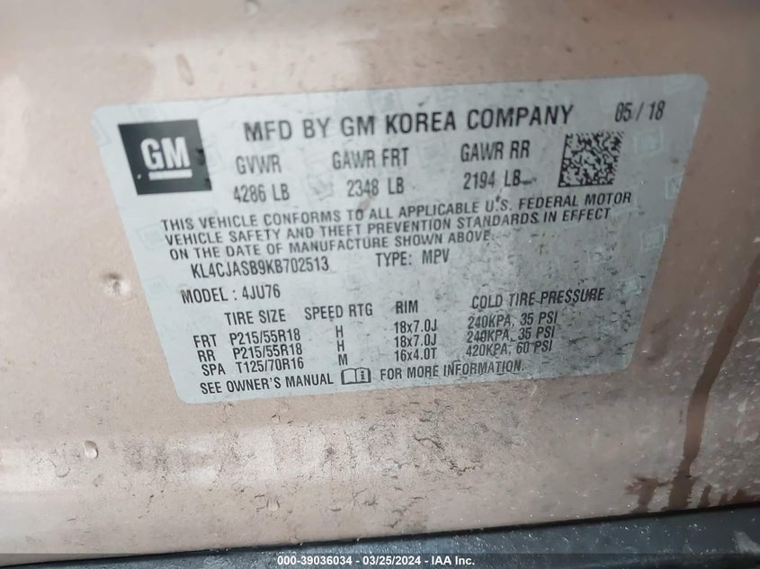 VIN KL4CJASB9KB702513 2019 BUICK ENCORE PREFERRED