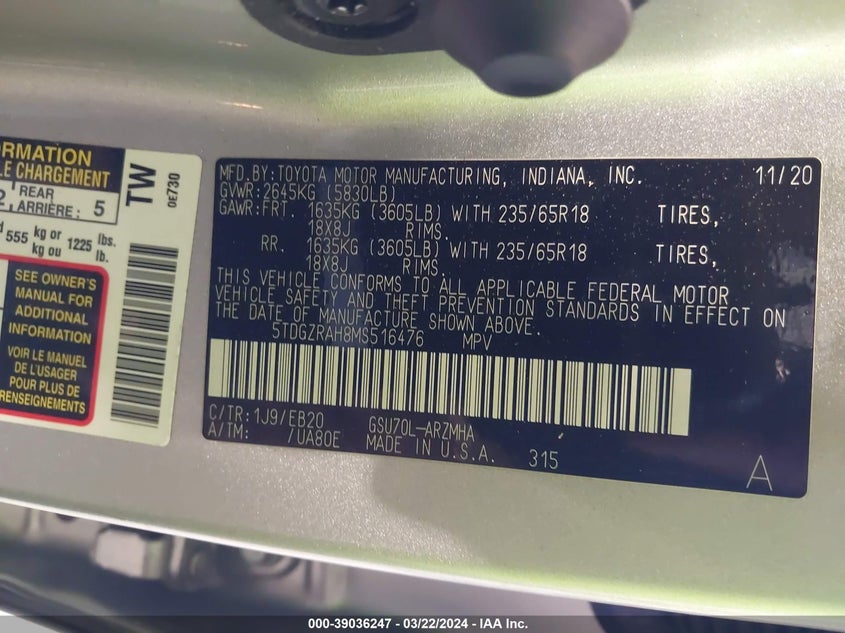 2021 TOYOTA HIGHLANDER VIN: 5TDGZRAH8MS516476