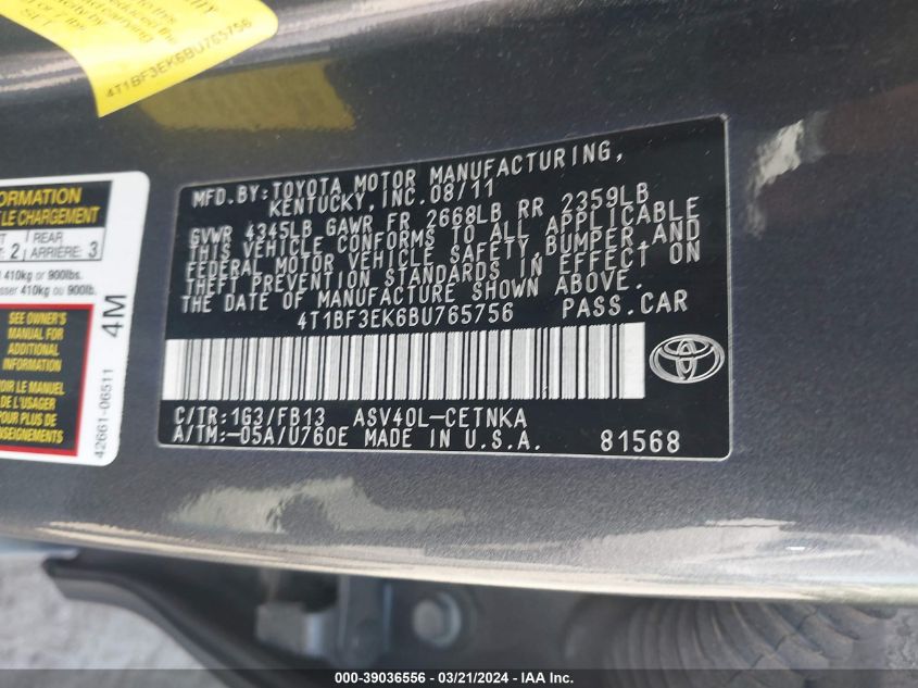 4T1BF3EK6BU765756 | 2011 TOYOTA CAMRY