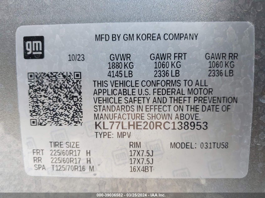 VIN KL77LHE20RC138953 2024 CHEVROLET TRAX FWD LT