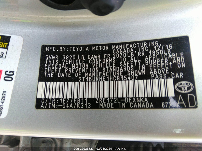 2017 TOYOTA COROLLA LE - 2T1BURHE1HC815407