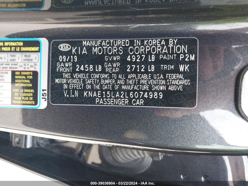 VIN KNAE15LA2L6074989 2020 KIA STINGER GT-LINE