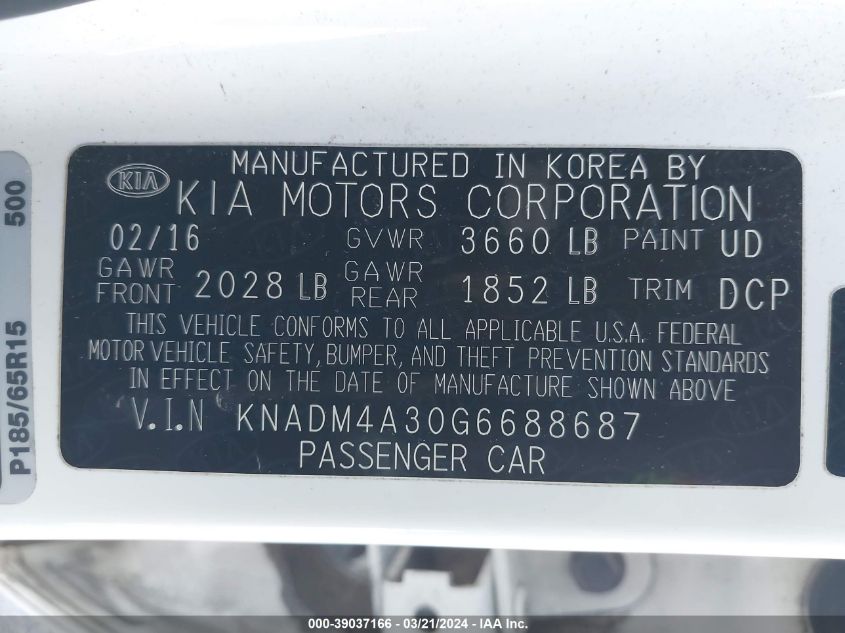 KNADM4A30G6688687 | 2016 KIA RIO