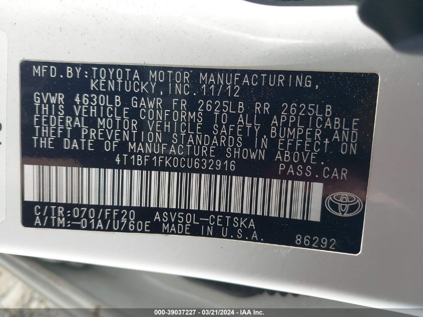 4T1BF1FK0CU632916 | 2012 TOYOTA CAMRY