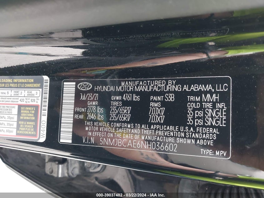 VIN 5NMJBCAE6NH036602 2022 HYUNDAI TUCSON SEL