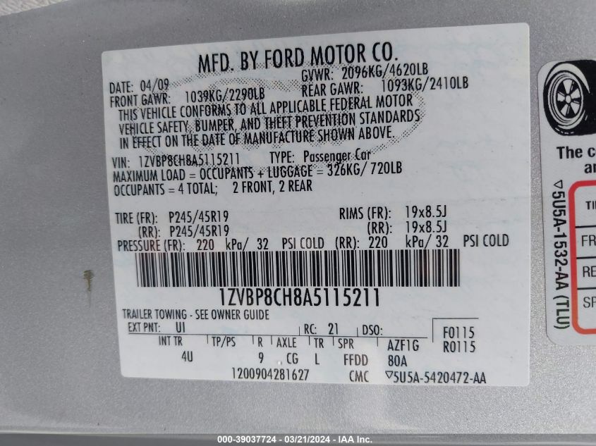 1ZVBP8CH8A5115211 | 2010 FORD MUSTANG