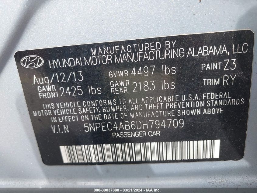 5NPEC4AB6DH794709 | 2013 HYUNDAI SONATA