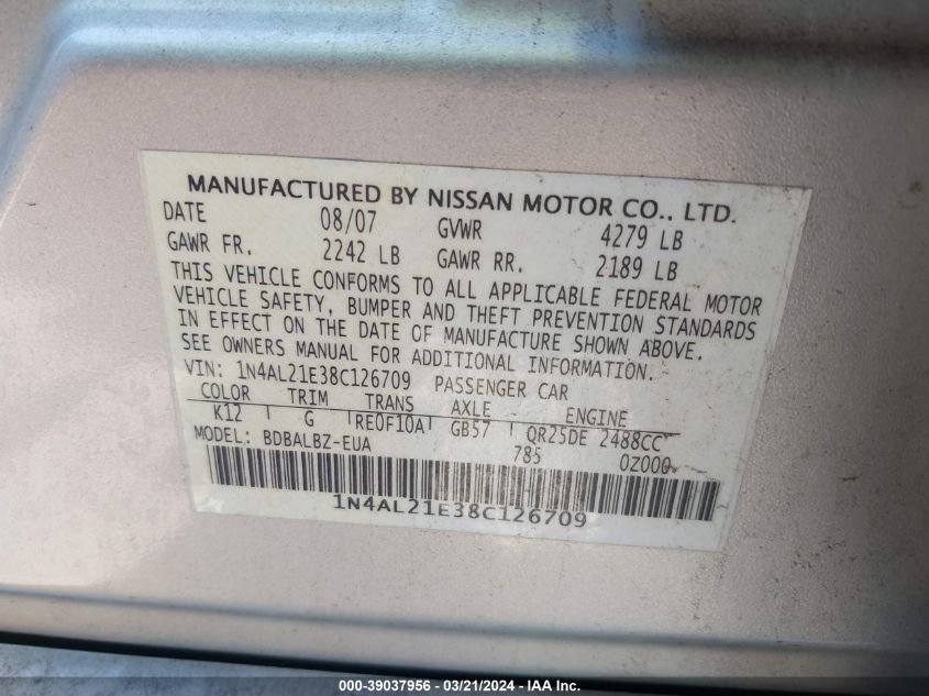 1N4AL21E38C126709 | 2008 NISSAN ALTIMA