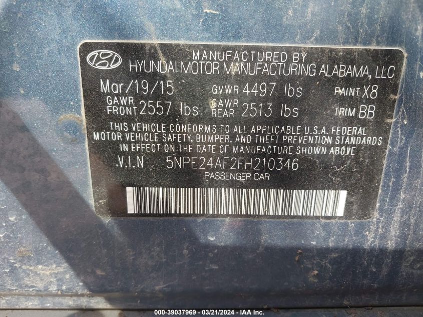 5NPE24AF2FH210346 | 2015 HYUNDAI SONATA