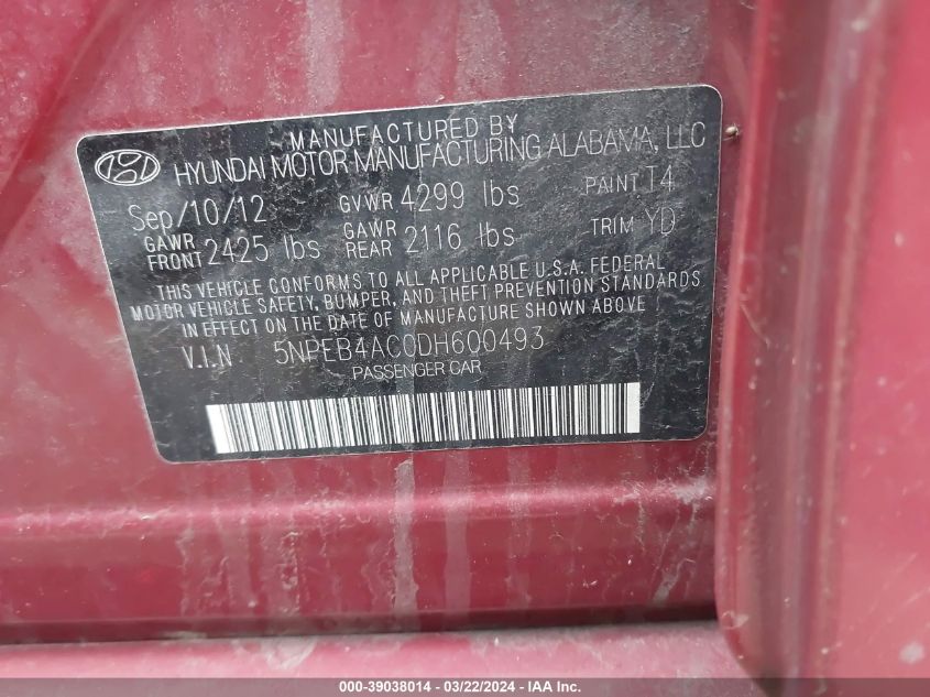 5NPEB4AC0DH600493 2013 Hyundai Sonata Gls