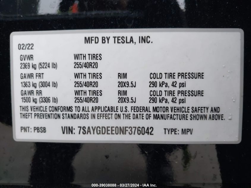 2022 Tesla Model Y VIN: 7SAYGDEE0NF376042 Lot: 39038088