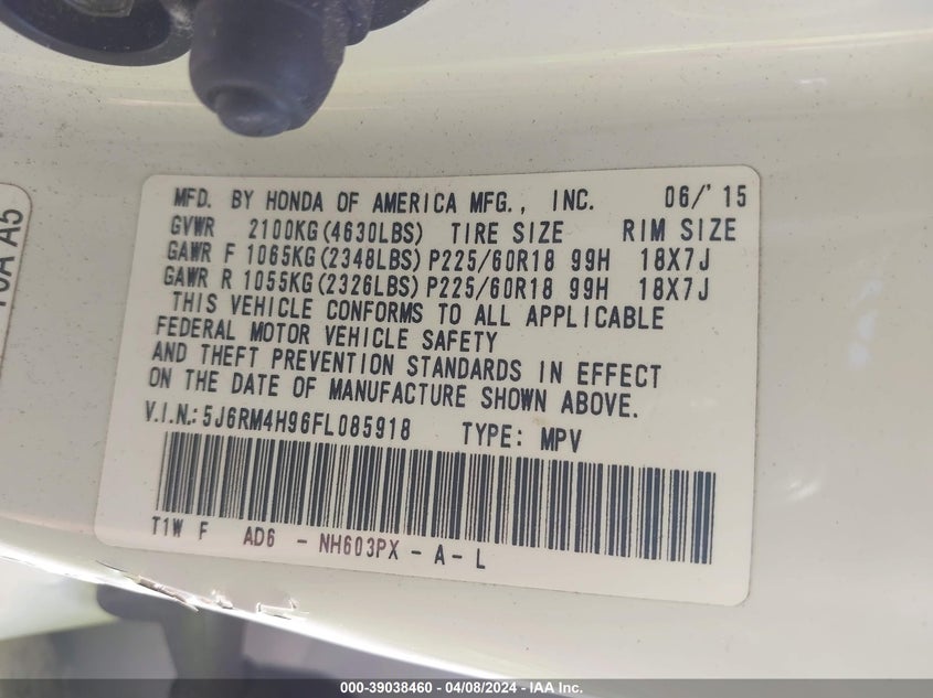 2015 HONDA CR-V TOURING - 5J6RM4H96FL085918