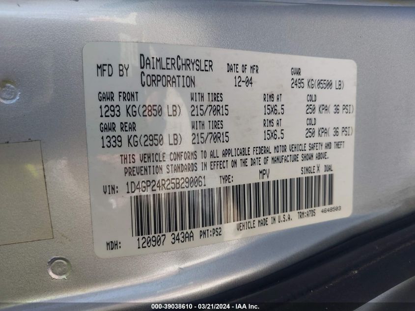 1D4GP24R25B290061 | 2005 DODGE GRAND CARAVAN