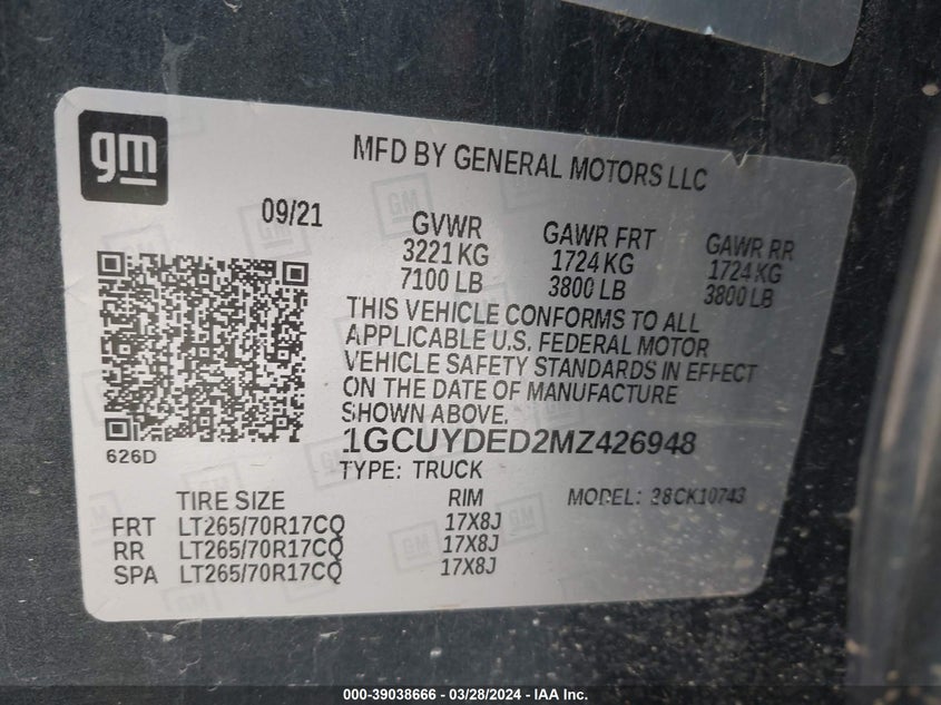 2021 CHEVROLET SILVERADO 1500 VIN: 1GCUYDED2MZ426948