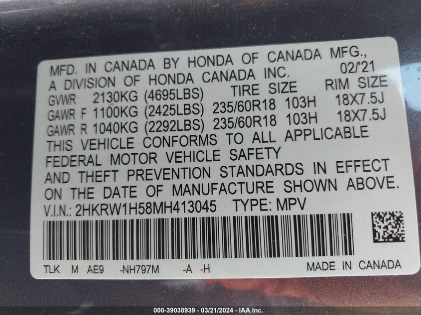 VIN 2HKRW1H58MH413045 2021 HONDA CR-V 2WD EX