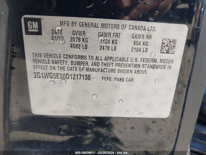 2013 Chevrolet Impala Lt VIN: 2G1WG5E30D1217136 Lot: 39039011