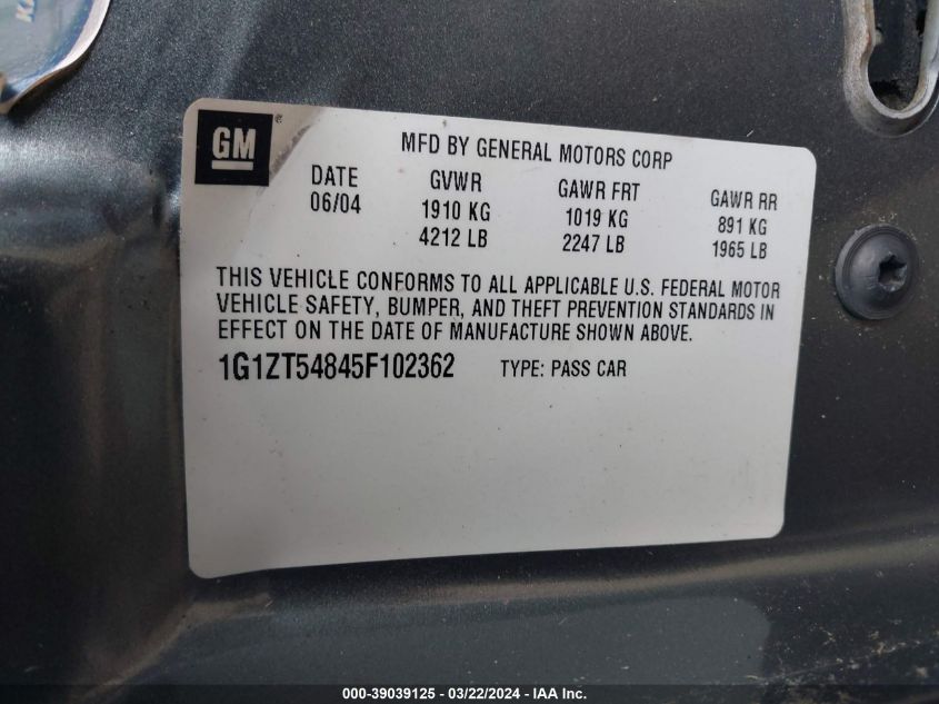 1G1ZT54845F102362 | 2005 CHEVROLET MALIBU