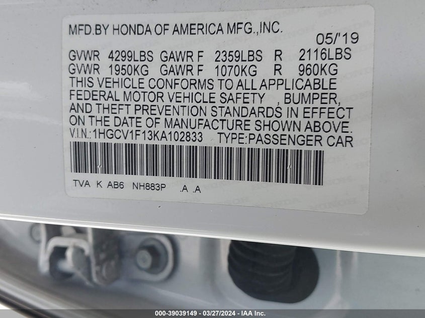 2019 HONDA ACCORD LX - 1HGCV1F13KA102833