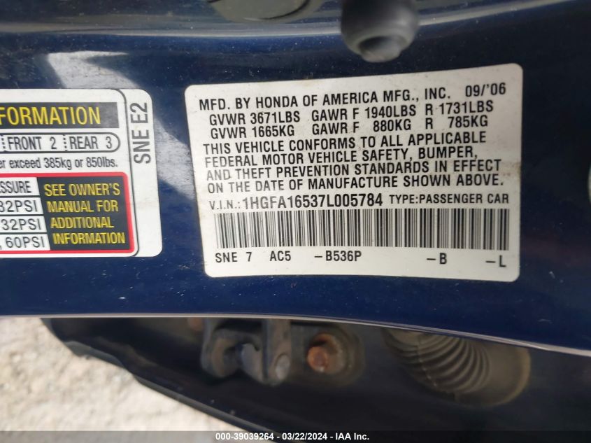 1HGFA16537L005784 | 2007 HONDA CIVIC